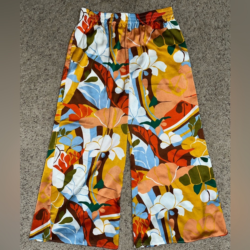 MELLODAY WIDE LEG VIBRANT STRETCHY MULTICOLOR FLORAL PRINT PANTS / SIZE XL